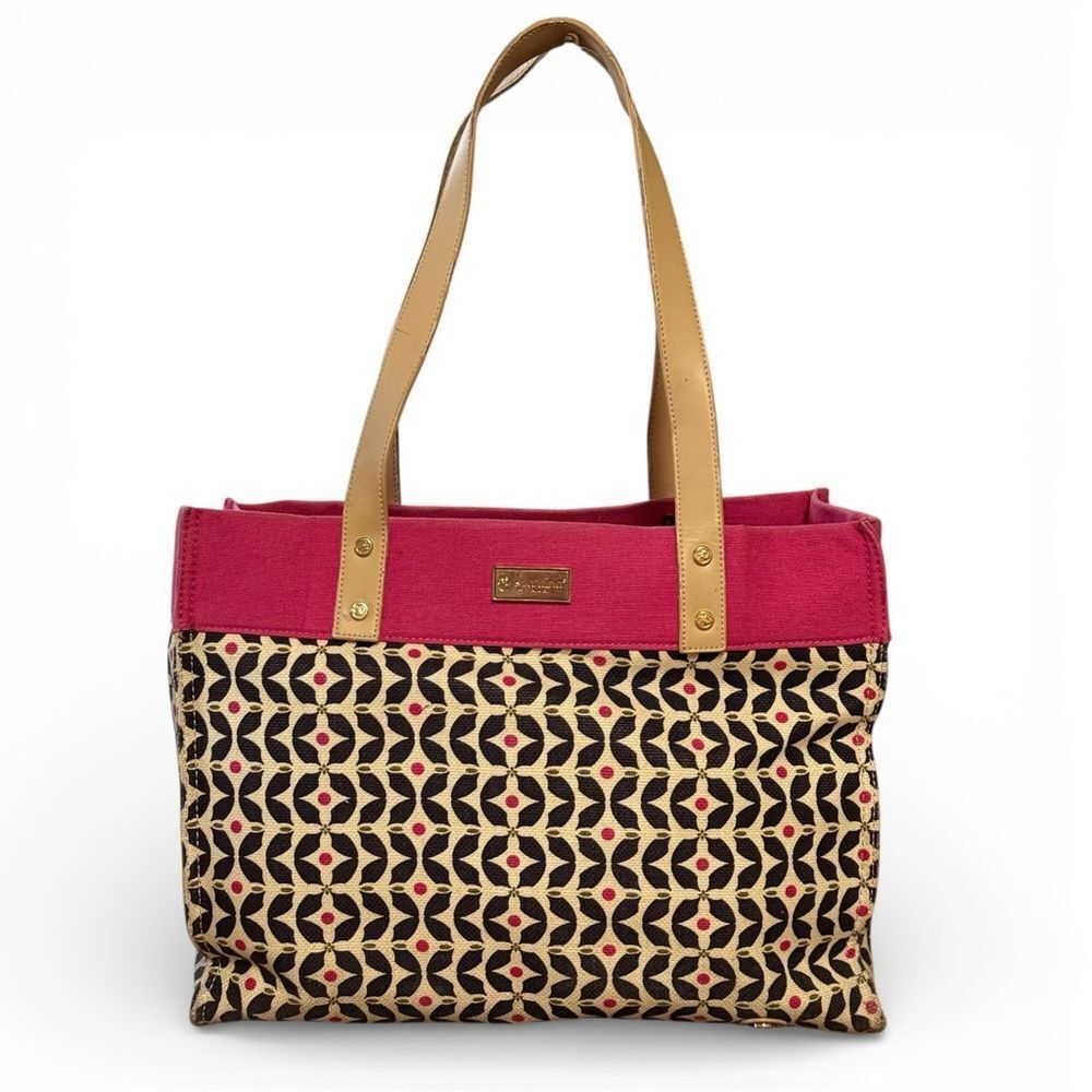 Spartina 449 Linen and Leather Pink Cream Black Pattern Tote Bag Tan Handles